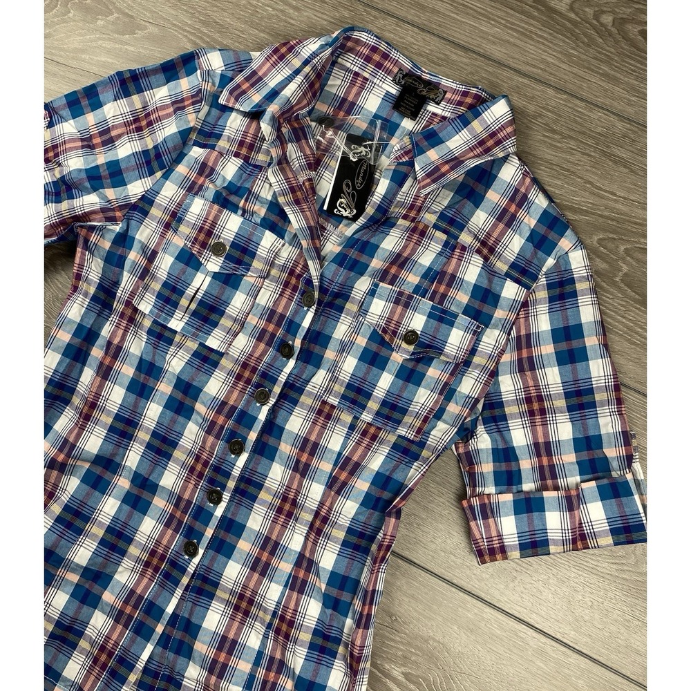 Mandee Women's V Neck Plaid Button‎ Up Shirt Multicolor Size Large New